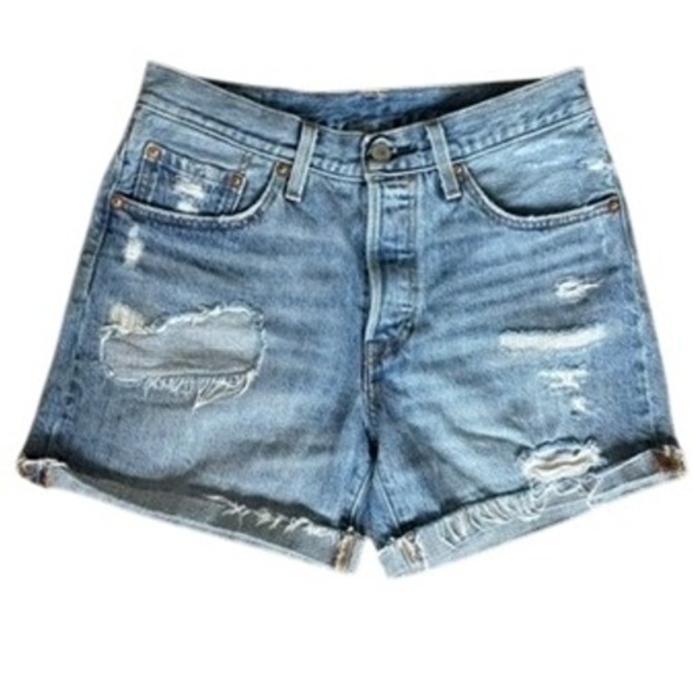Levi's Women's 501 Denim‎ Shorts Sz 27 Patched Ripped Festival Raw Hem Cut Off
